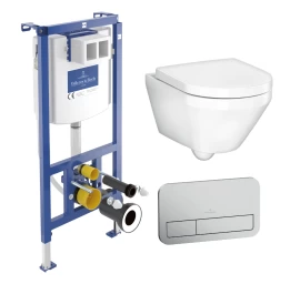 Komplektas: Villeroy &amp; Boch ViConnect potinkinis rėmas su šlifuoto chromo mygtuku ir Gustavsberg pakabinamas klozetas su soft close dangčiu