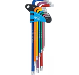 L tipo raktų rinkinys | spalvoti | labai ilgi | T-Star su skylutėm (Torx) T10 - T50 | 9 vnt. (74462B)