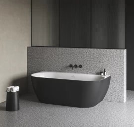 Laisvai pastatoma vonia Ravak Freedom Wall Tec 170x87, juoda/balta, sifono dangtelis juodos/baltos/chromo spalvos, CE31700000