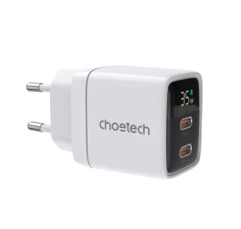 Mažas Galingas Gan 2x Usb-c Pd 35w Tinklo įkroviklis Su Ekranu, Baltos Spalvos
