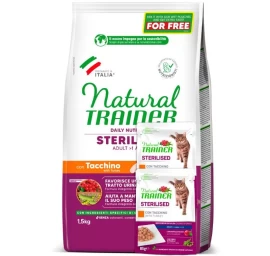 NATURAL TRAINER Cat Adult Sterilised Turkey su kalakutiena 1.5kg+2konservai