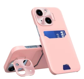 Odinis Stovo Dėklas Iphone 14 Plus Kortelių Piniginei Su Stovu Rožinės Spalvos