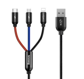 Patvarus 3-in-1 Usb Microusb Iphone Lightning Usb-c 3.5a Kabelis 1.2m Juodas