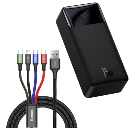 Powerbank 30000mah 15w Bipow + Usb Kabelis 4in1 Microusb / Lightning / 2x Usb-c 1,2 M Juodas