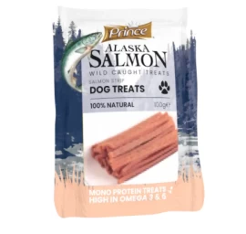 PRINCE skanukai šunims Aliaskos lašiša/žuvies odelės juostelės 100g