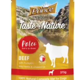 PRINCE Taste of Nature Paleo šlapias ėdalas šunims jautiena/moliūgas/laukinės žolelės/linų sėmenų aliejus 375g