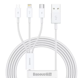 Puikus 3-in-1 Usb Kabelis Iphone Lightning Usb-c Microusb 3,5 A 1,5 M Baltas