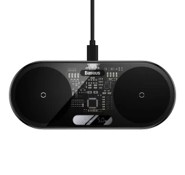 Qi Dvigubas Belaidis įkroviklis Su Ekranu Usb-c 20w - Juodas