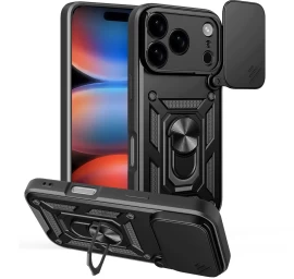 šarvuotas Dėklas Su Stovu Ir Fotoaparato Dangteliu iphone 17 Pro Hybrid Armor Camshield - Juodas