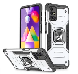 šarvuotas Hibridinis Dėklas Samsung Galaxy M31s + Magnetinis Laikiklis Ring Armor Silver