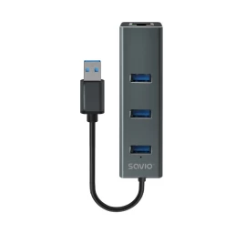 Savio AK-57 USB-A - 3 x USB-A HUB with RJ-45 Gigabit Ethernet adapter, 5000 Mbit/s, grey