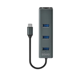 Savio AK-57 USB-C - 3 x USB-A HUB with RJ-45 Gigabit Ethernet adapter, 5000 Mbit/s, grey