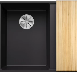 Silgranitinė plautuvė AXIA III 6 S-F LI SILG PDUR Juoda Z.ES InFino M.AF su medine lentele ir nuvarvėjimo indu