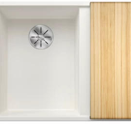 Silgranitinė plautuvė AXIA III 6 S LI SILG PDUR Balta Z.ES InFino M.AF su medine lentele ir nuvarvėjimo indu