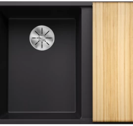 Silgranitinė plautuvė AXIA III 6 S LI SILG PDUR Juoda Z.ES InFino M.AF su medine lentele ir nuvarvėjimo indu