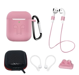 Silikoninių Dėklų Rinkinys airpods 2 / airpods 1 + Dėklas / Ausies Kabliukas / Kaklo Dirželis / Laikrodžio Dirželio Laikiklis / Karabinas - Rožinis Silikoninių Dėklų Rinkinys airpods 2 / airpods 1 + Dėklas / Ausies Kabliukas / Kaklo Dirželis / Laikrodžio Dirželio Laikiklis / Karabinas - Rožinis