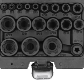 Smūginių galvučių rinkinys | E-Type Plus | 6,3 mm (1/4), 10 mm (3/8), 12,5 mm (1/2) | EP4 - EP32 | 19 vnt. (YT-05197)