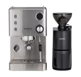 SORSO Espresso pusiau automatinis kavos aparatas - sidabrinis + SORSO Peppe Brew &amp;amp; Espresso by Eureka elektrinė kavamalė - juoda