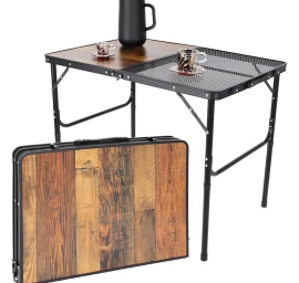 Sulankstomas Stovyklavimo Stalas 90x60x36-68cm Plieno Tinklelis Mediena