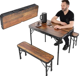 Sulankstomas Turistinis Stalas 90x60x70cm Ir 2 Suolai 87x23x39cm, Pagaminti Iš Medžio