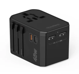 Universalus Kelioninis įkroviklis 2x Usb-c 2x Usb-a Pd 45w Kištukai Usa Eu Uk Au Juodas