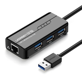Usb-a - Rj45 1000 Mbps / 3x Usb 3.0 Tinklo Adapteris Hub Juodas