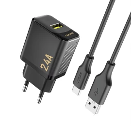 Usb-a Tinklo įkroviklis Su Usb-a - Usb-c 2,4a Gan Kabeliu - Juodas