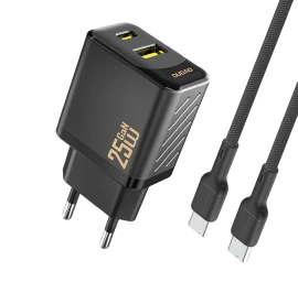Usb-a Usb-c Tinklo įkroviklis Su Usb-c Gan Pd Qc Kabeliu 25 W - Juodas