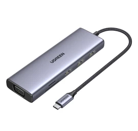 Usb-c Adapteris Hub - 3x Usb-a 3.0 / Hdmi / Vga / Rj45 / Sd / Tf Kortelių Skaitytuvas / Usb-c Pd - Pilkas