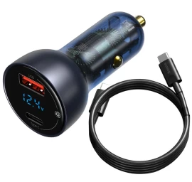 Usb-c Automobilinis įkroviklis 65w 5a Scp Qc Pd Lcd Ekranas + Usb-c Kabelis Pilkos Spalvos