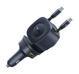 Usb-c Usb-a Automobilinis įkroviklis Su Ištraukiamu Usb-c Kabeliu 60 W - Juodas