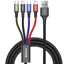 Usb Kabelis 4in1 2 X Iphone Lightning Usb-c Microusb Su Nailono Pynele 3,5a 1,2 M Juodas