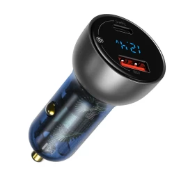 Usb + Usb-c Automobilinis įkroviklis 65w Quick Charge Lcd Ekranas Skaidrus