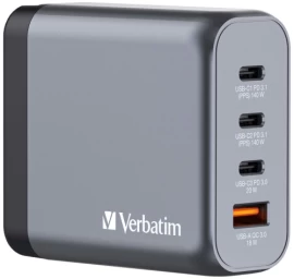 Verbatim 32203 GaN Įkroviklis 140W 4-Port, USB-A/USB-C, EU/UK/US Plug, Pilka/Juoda