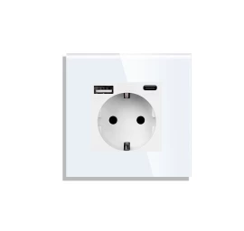 Vienvietis kištukinis lizdas su stikliniu rėmeliu Feelspot, su USB+C jungtimis, baltas
