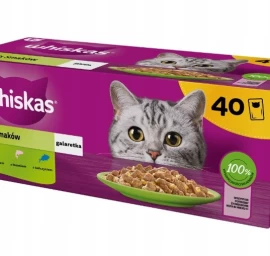 Whiskas 1+ šlapias kačių maistas, jautiena, vištiena, lašiša, tunas, 40x85g