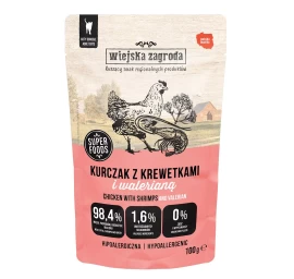 WIEJSKA ZAGRODA šlapias kačių maistas, vištiena su krevetėmis ir valerijonu, 100g