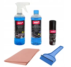york Car Kit Priekinio Stiklo Plovimo Skysčio Rinkinys 500 Ml + Priekinio Stiklo šerkšno šalinimo Priemonė 500 Ml + Užrakto šerkšno šalinimo Priemonė 50 Ml + Langų Grandiklis + šluostė Nuo Rūko